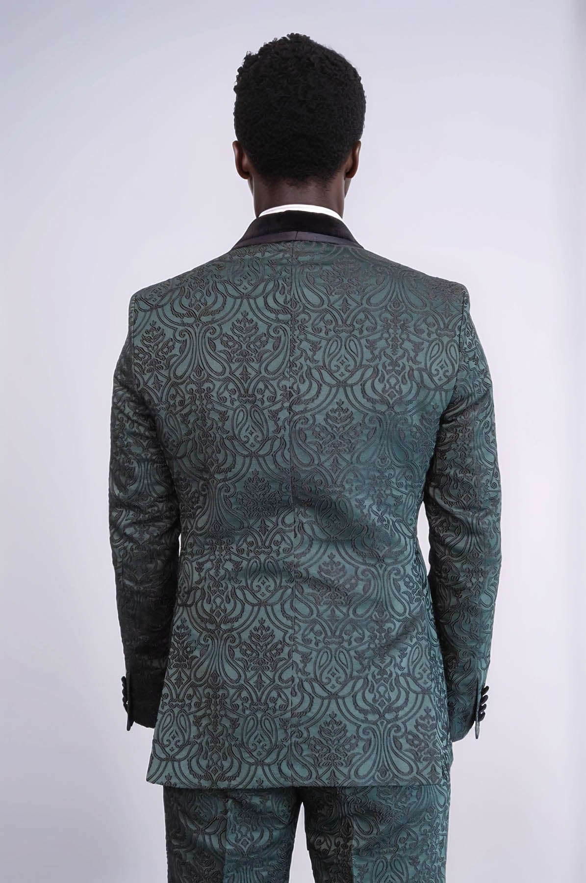 KOALA SYDNEY 2 Piece Damask Patterned Velvet Shawl Collar Emerald Green Men's Tuxedo Suit -