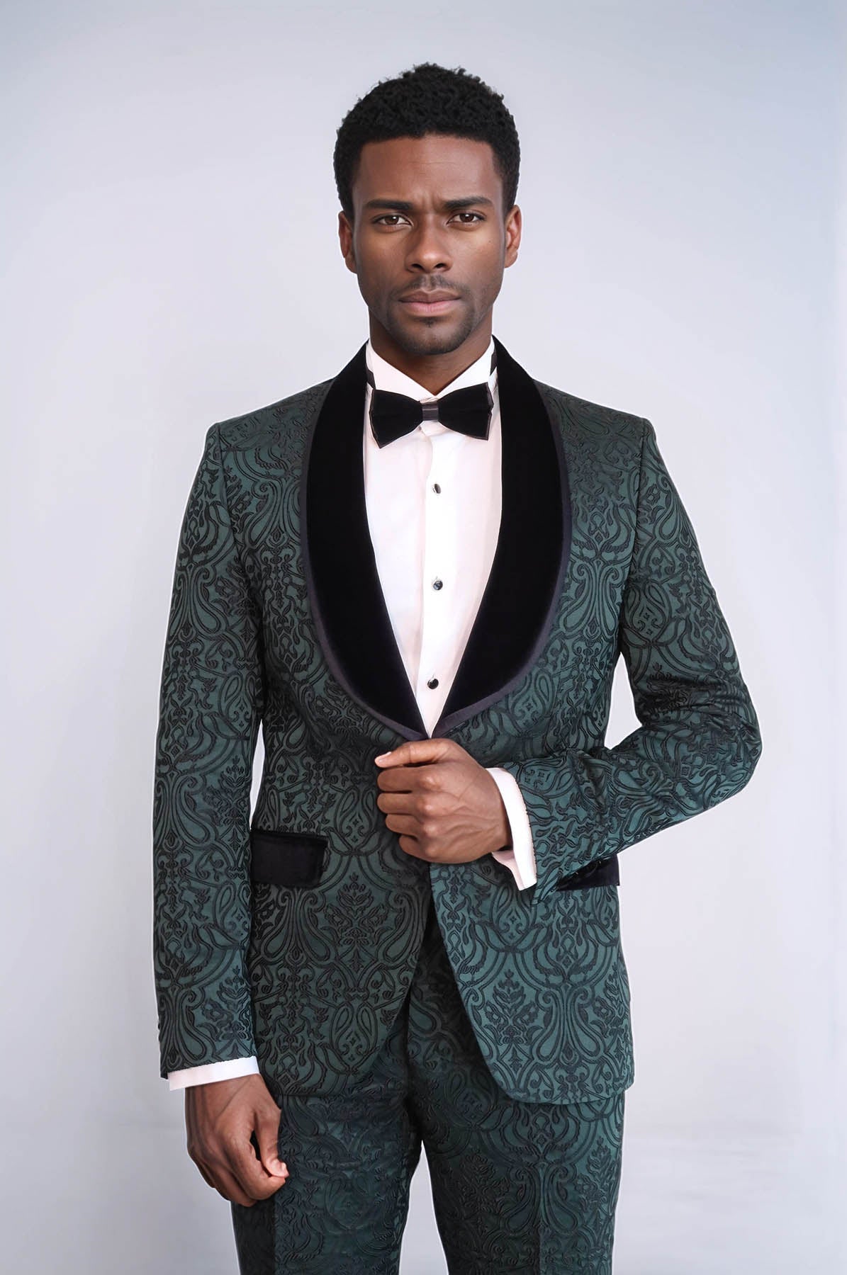 KOALA SYDNEY 2 Piece Damask Patterned Velvet Shawl Collar Emerald Green Men's Tuxedo Suit -