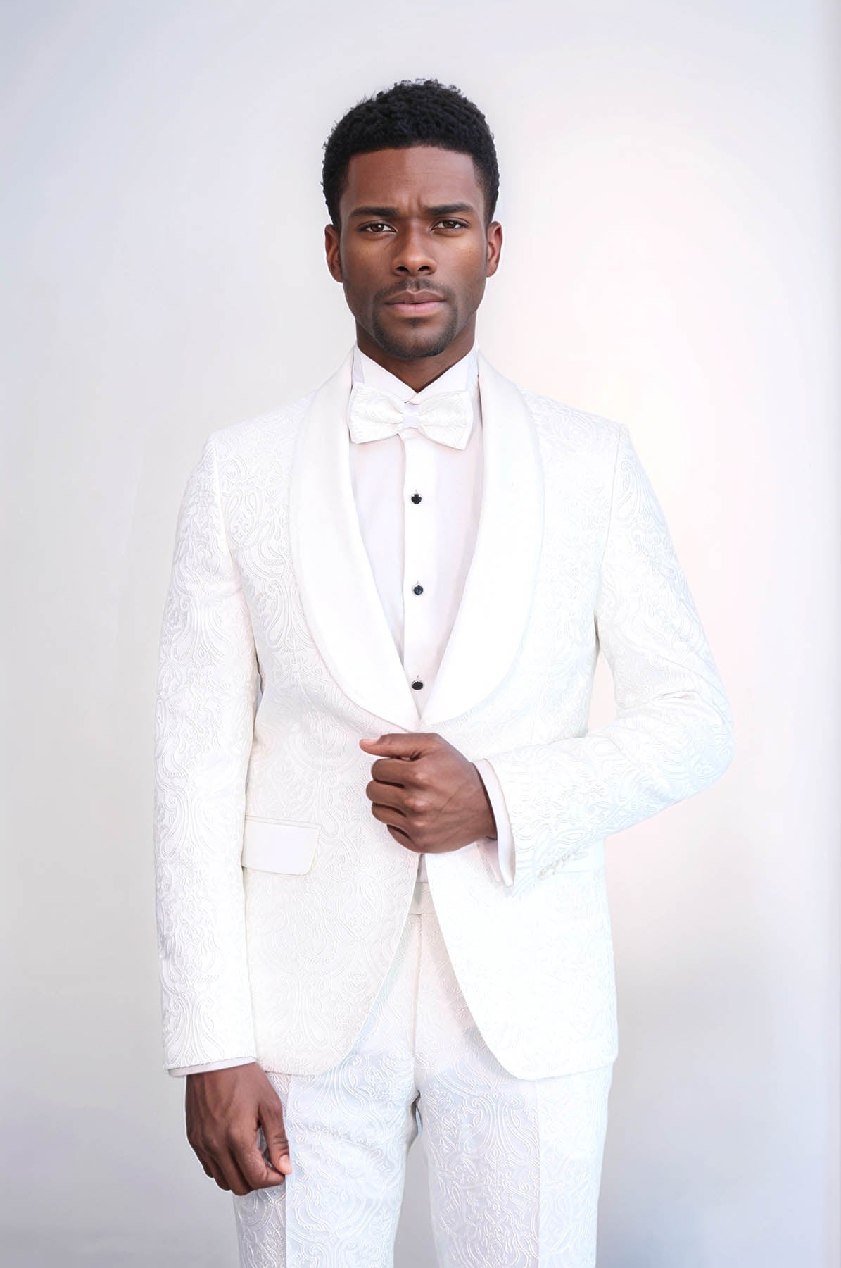 KOALA SYDNEY 2 Piece Damask Patterned Velvet Shawl Collar White Men's Tuxedo Suit -