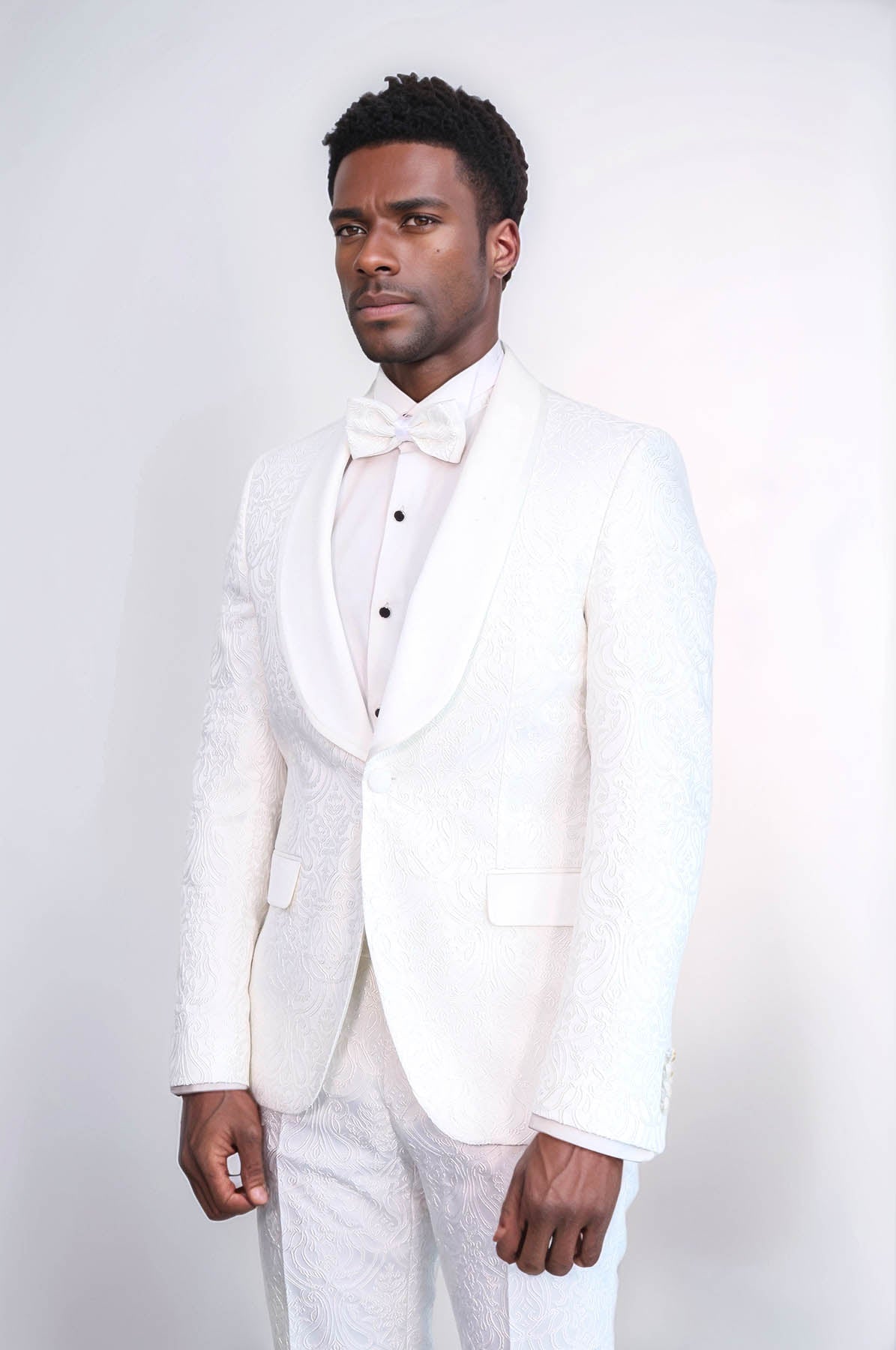 KOALA SYDNEY 2 Piece Damask Patterned Velvet Shawl Collar White Men's Tuxedo Suit -