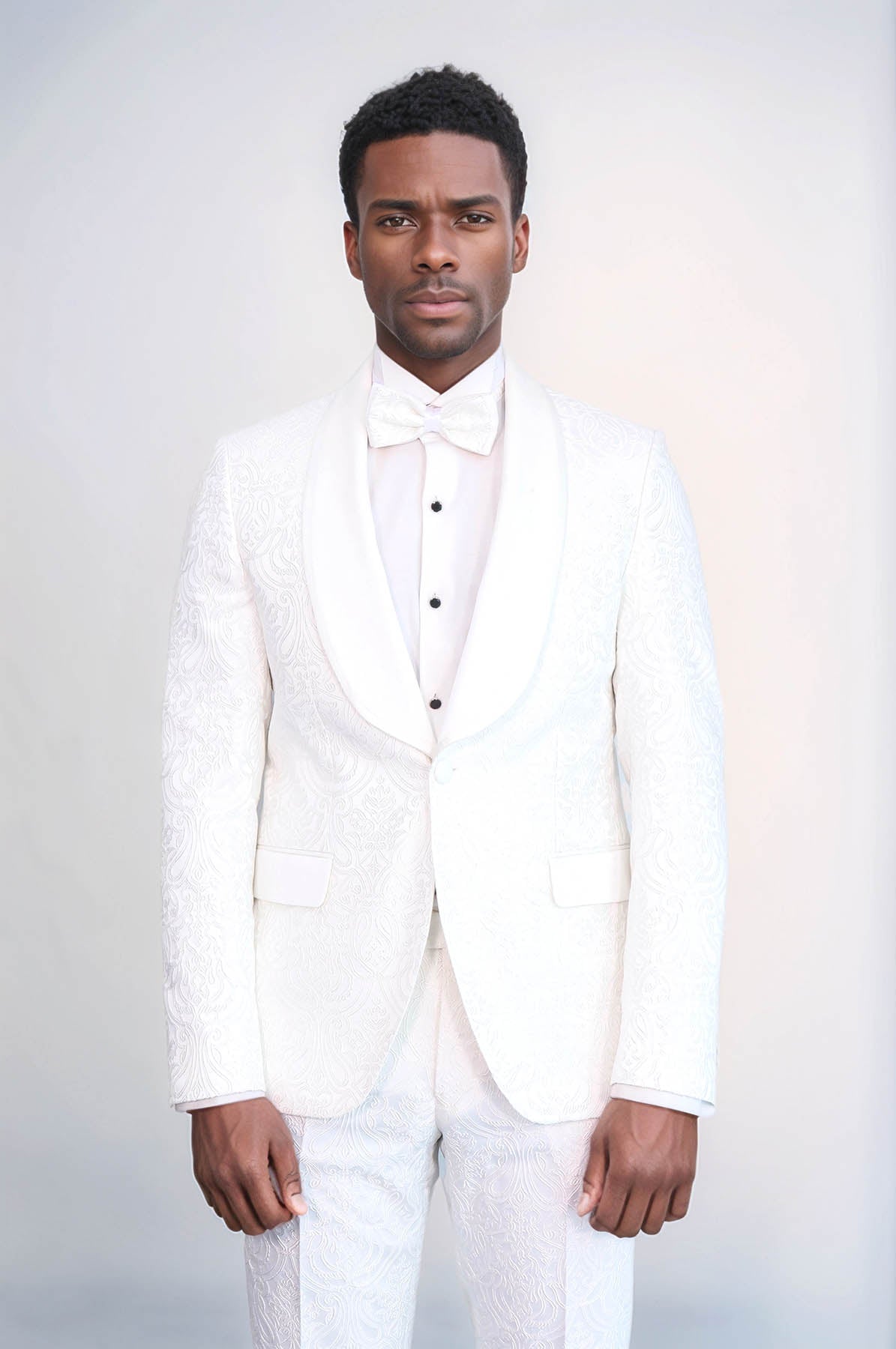 KOALA SYDNEY 2 Piece Damask Patterned Velvet Shawl Collar White Men's Tuxedo Suit -