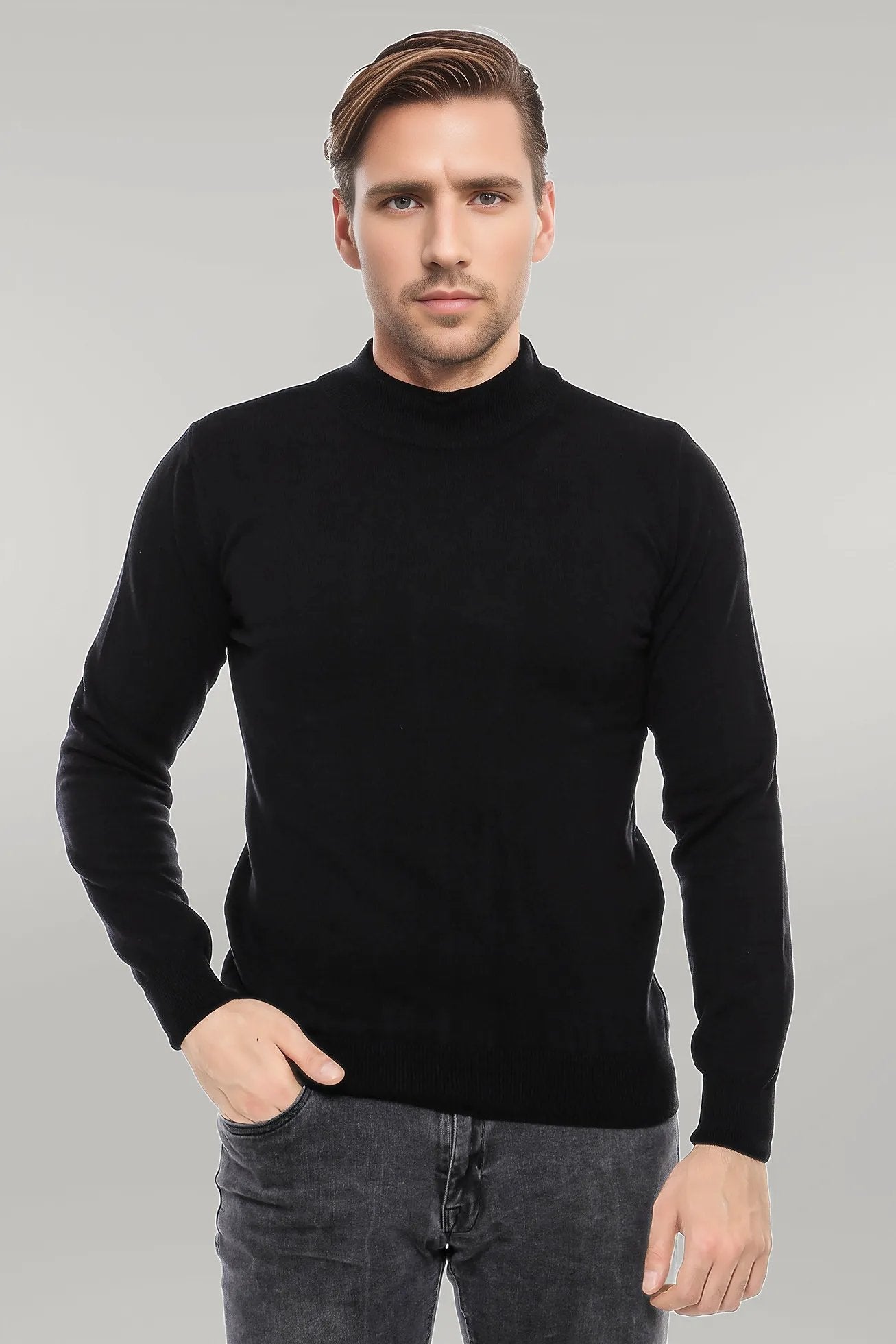 Brown Patterned Double-Breasted Jacket, Black Turtleneck Knitwear, and Trousers Look Winter Elegance Style