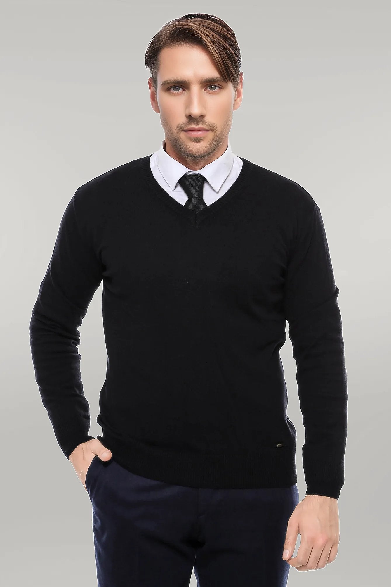 V Neck Black Men's Sweater