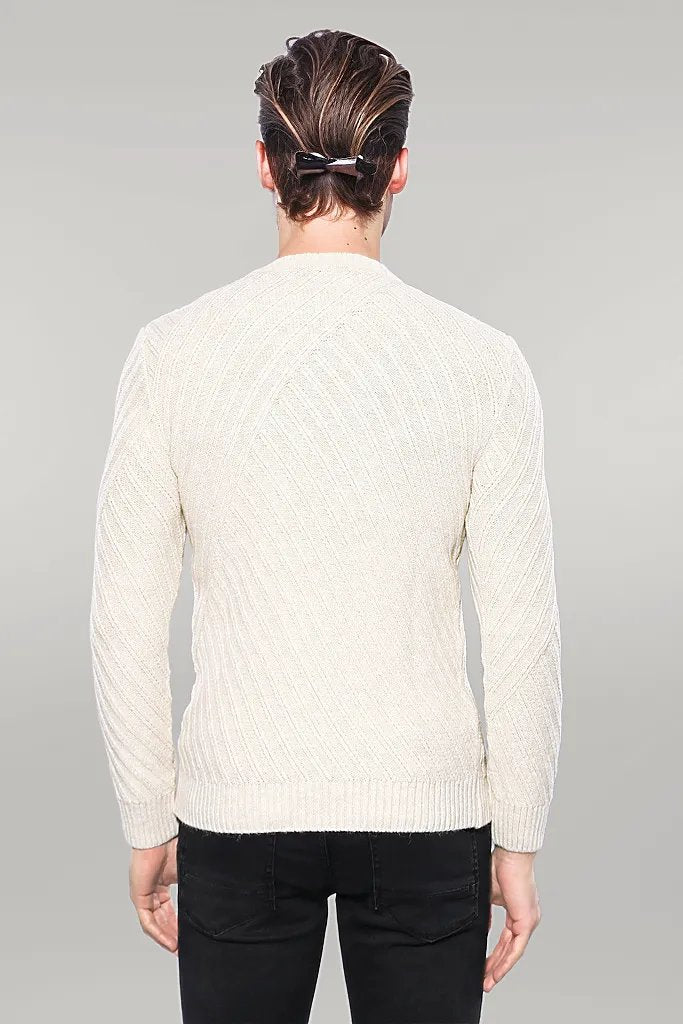 Patterned Circle Neck Cream Sweater