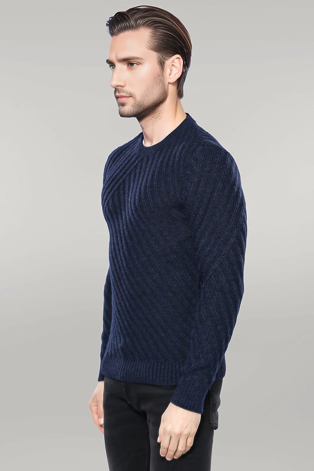 Patterned Circle Neck Navy Sweater