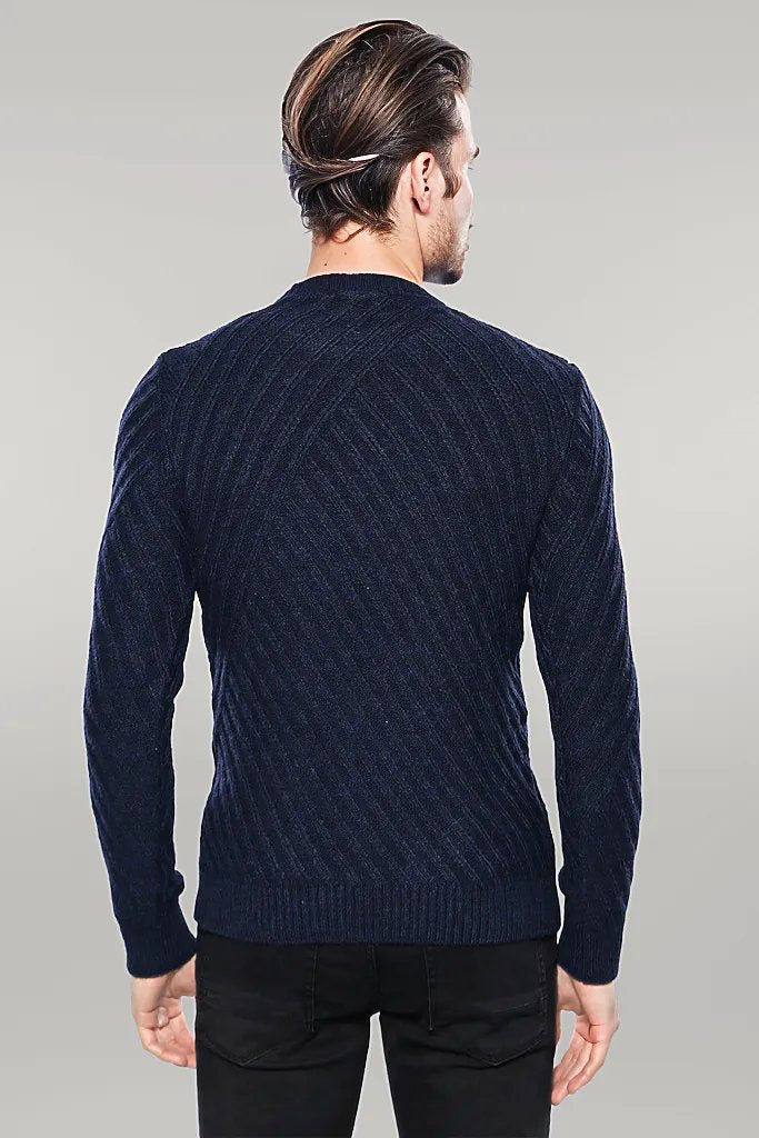 Patterned Circle Neck Navy Sweater