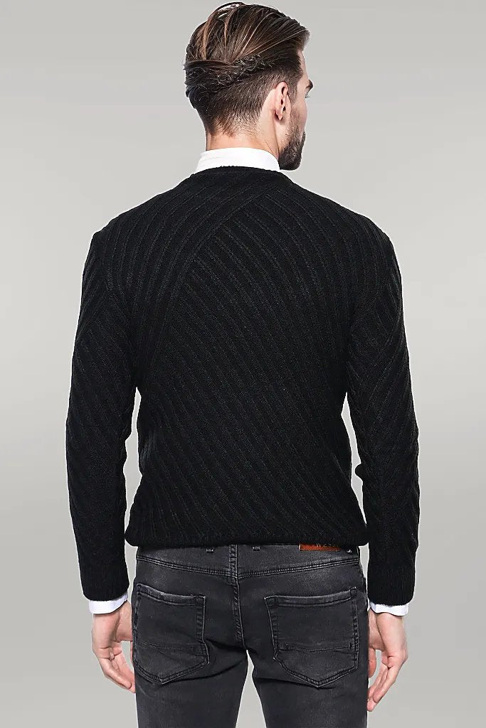 Patterned Circle Neck Black Sweater - Wessi