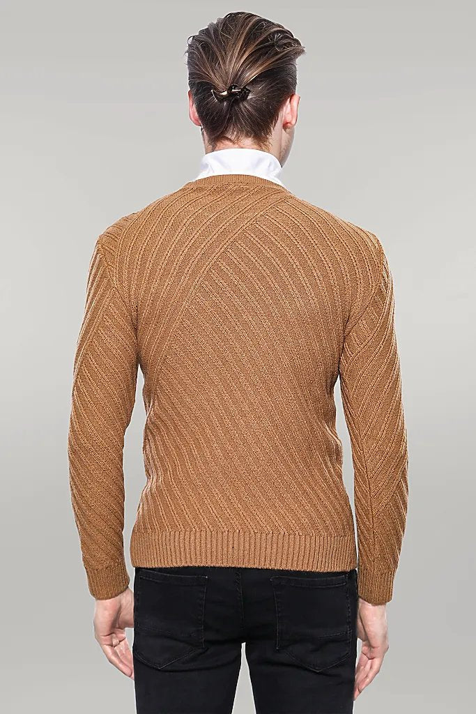 Patterned Circle Neck Tawny Sweater