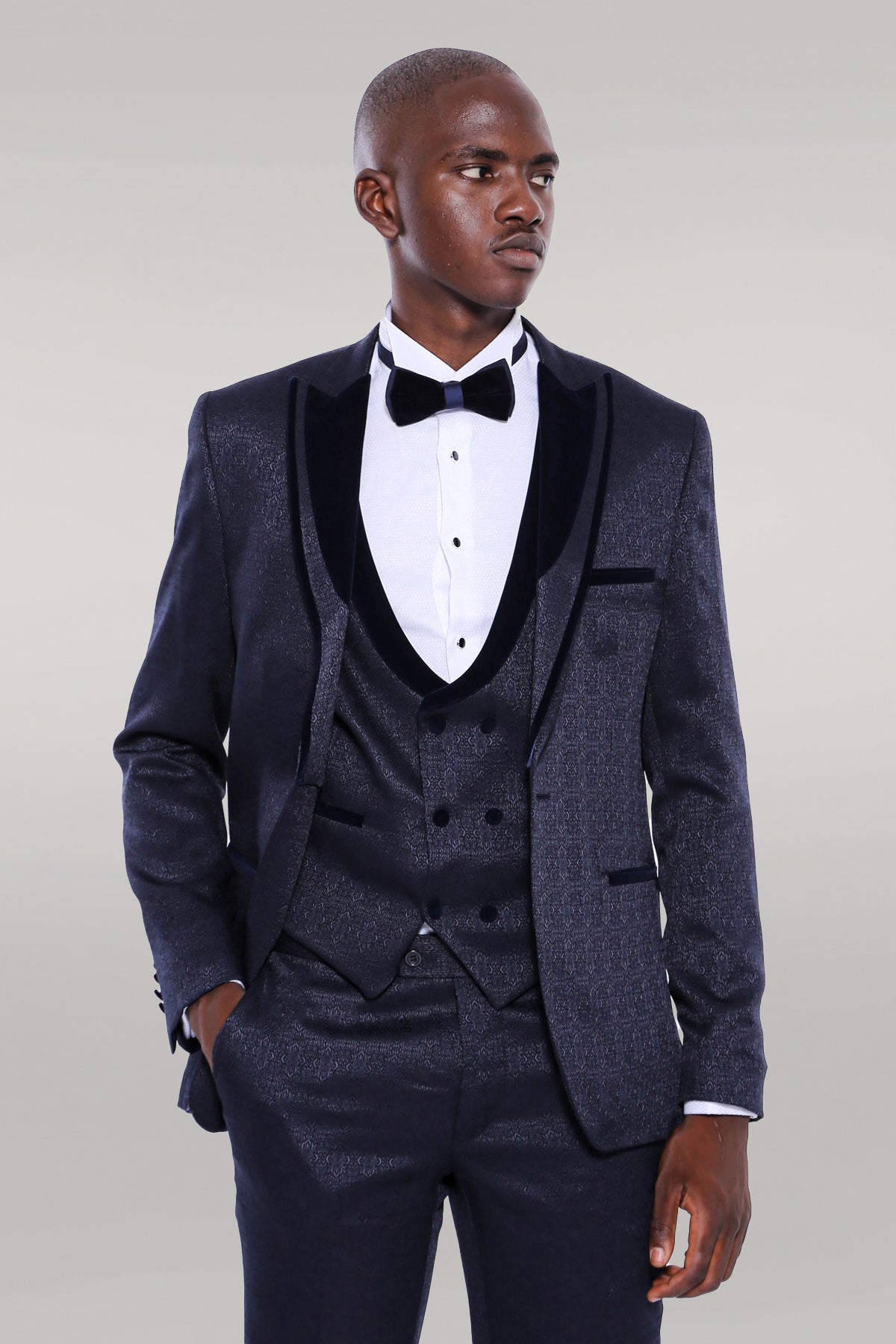 KOALA SYDNEY Velvet Lapel Patterned Navy Blue Tuxedo -
