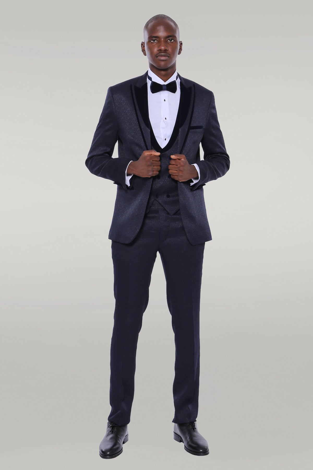 KOALA SYDNEY Velvet Lapel Patterned Navy Blue Tuxedo -