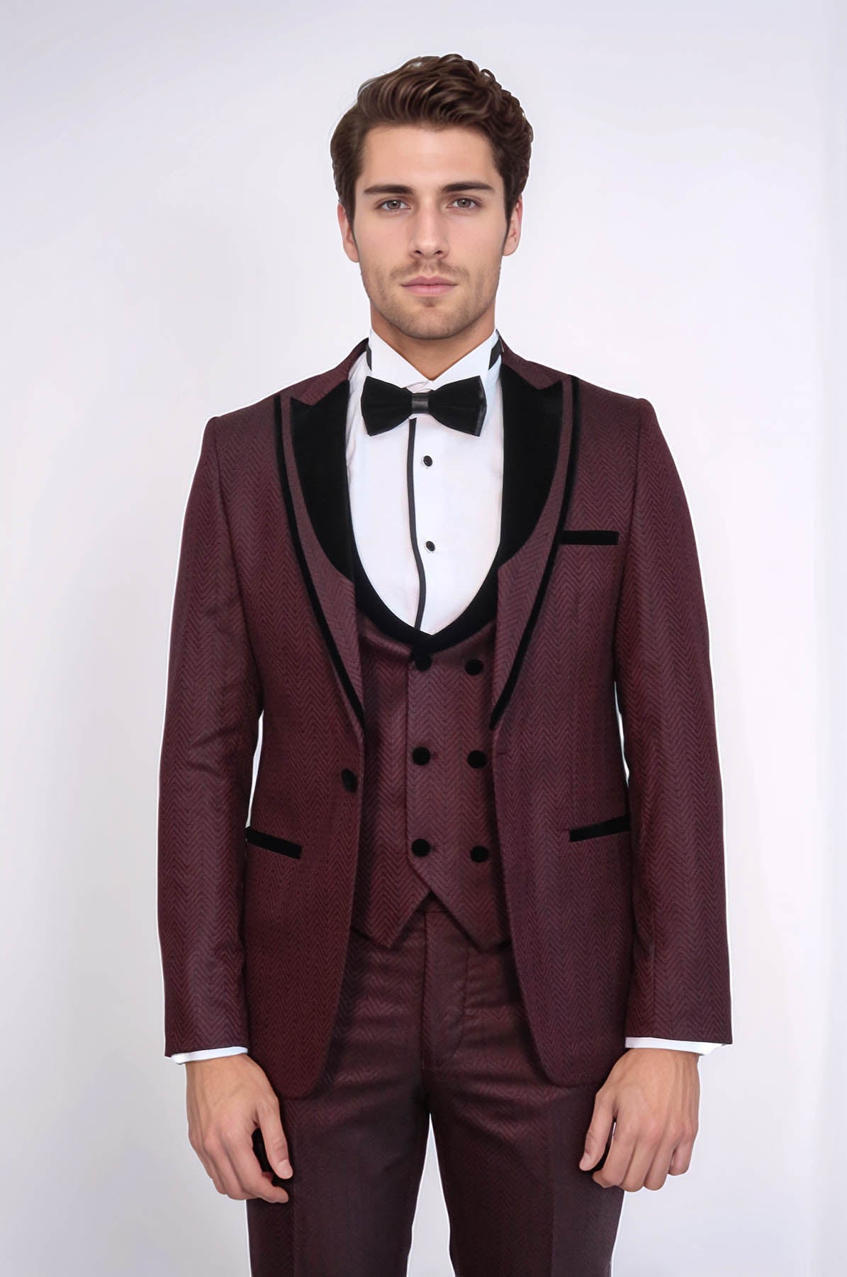 Velvet Lapel Patterned Vested Burgundy Men Tuxedo - Wessi