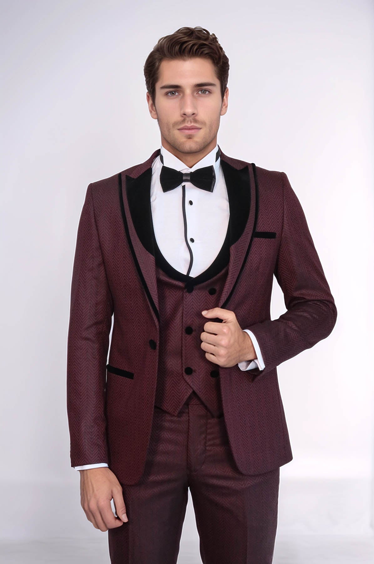 Velvet Lapel Patterned Vested Burgundy Men Tuxedo - Wessi