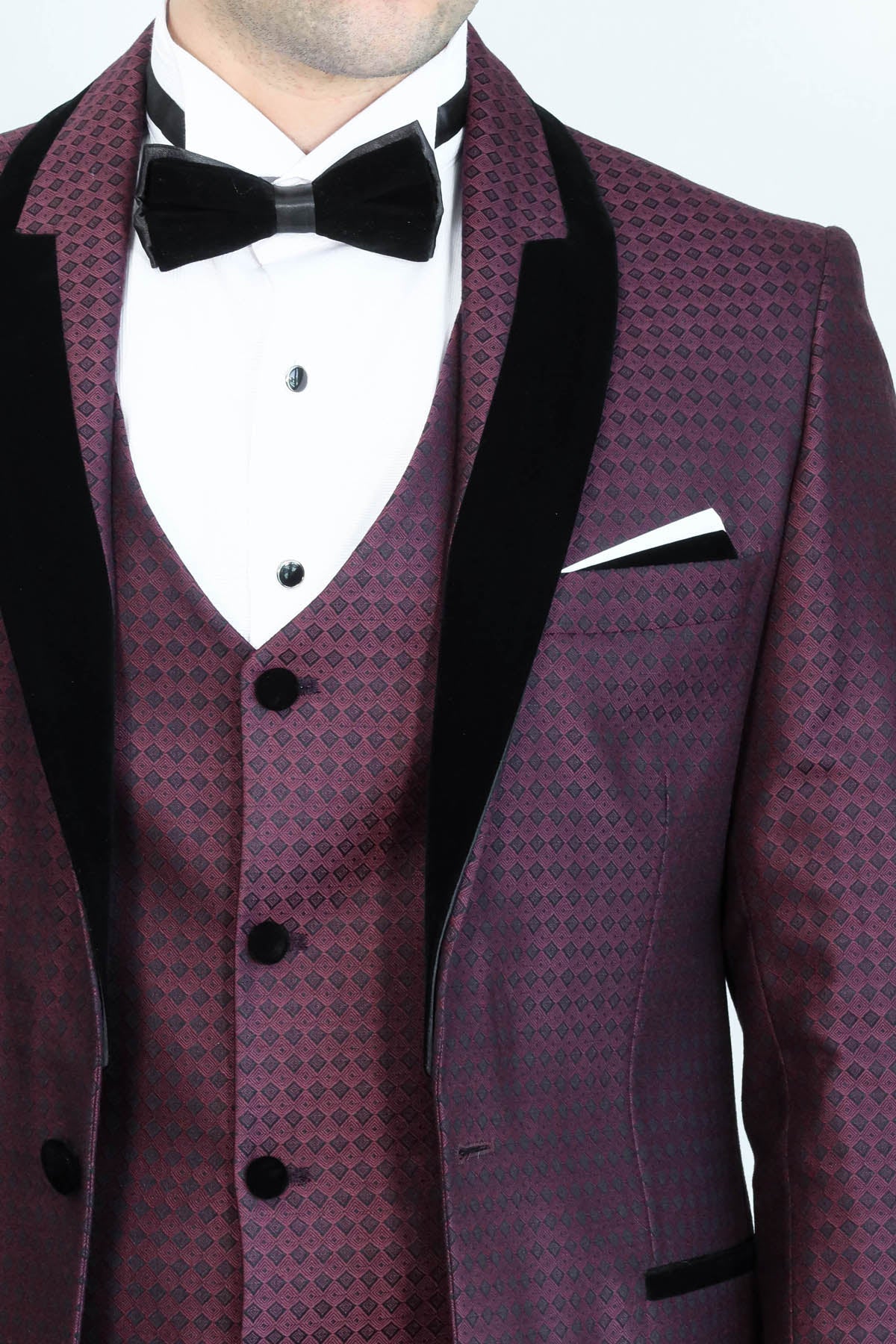 Patterned Burgundy Velvet Lapel Groom Suit - Wessi