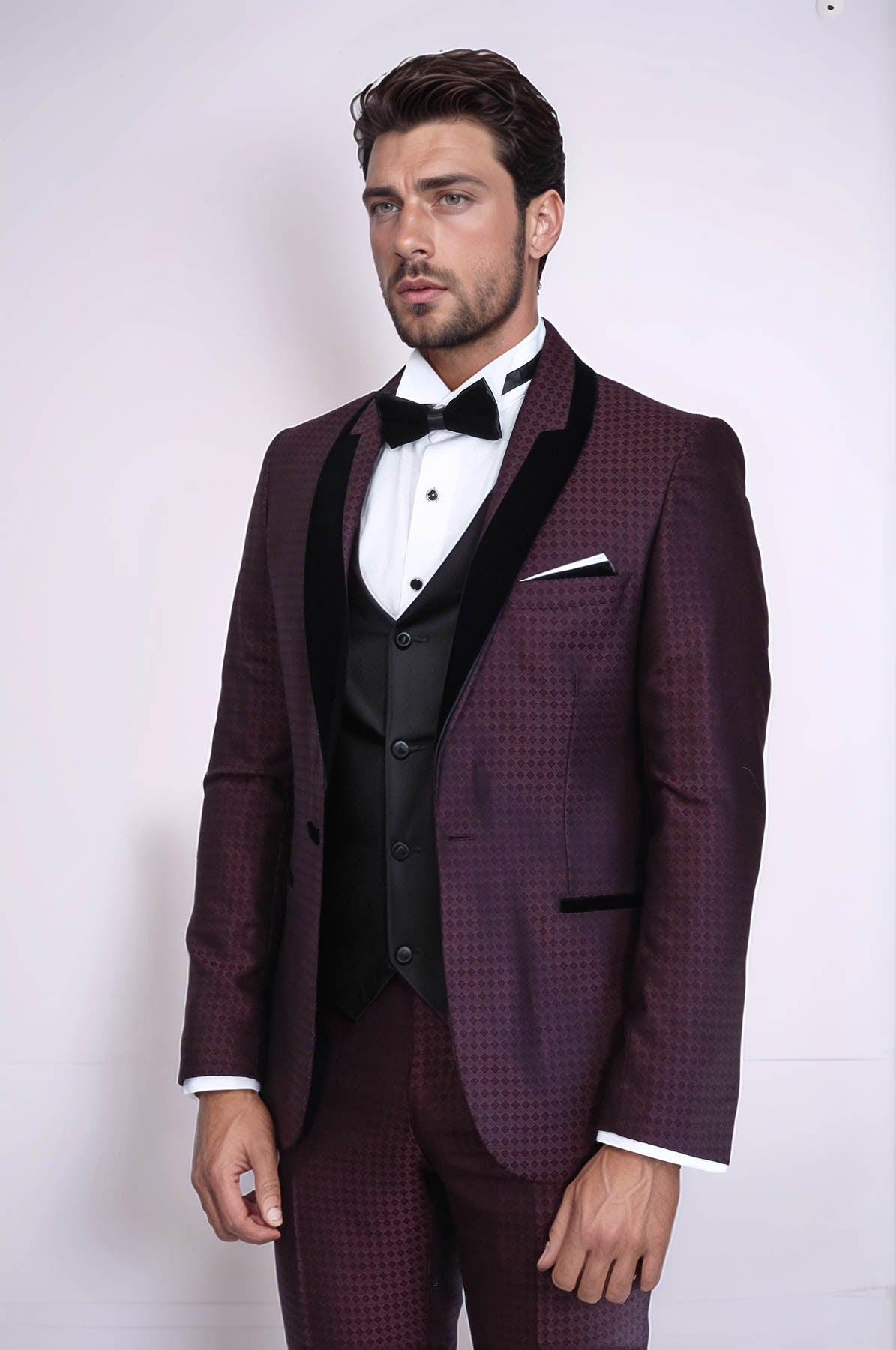 Patterned Burgundy Velvet Lapel Groom Suit - Wessi