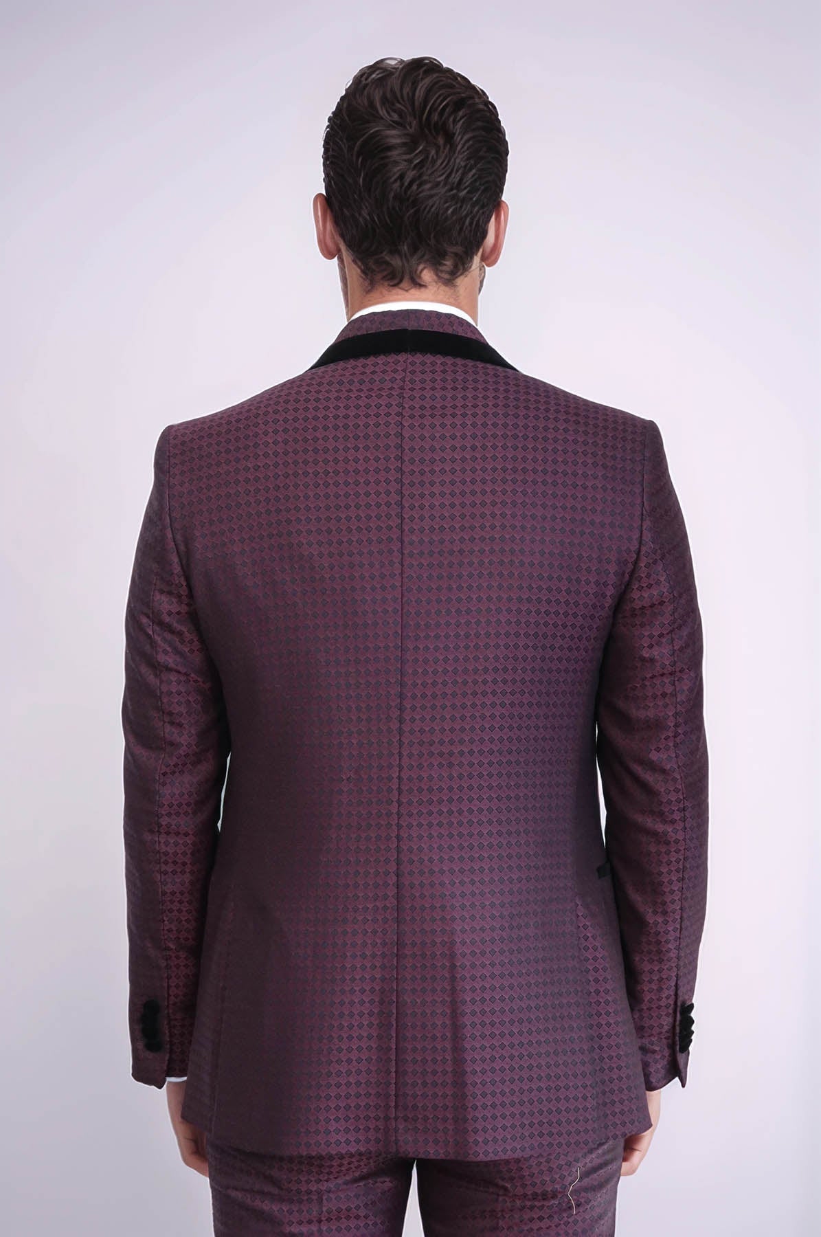 Patterned Burgundy Velvet Lapel Groom Suit - Wessi
