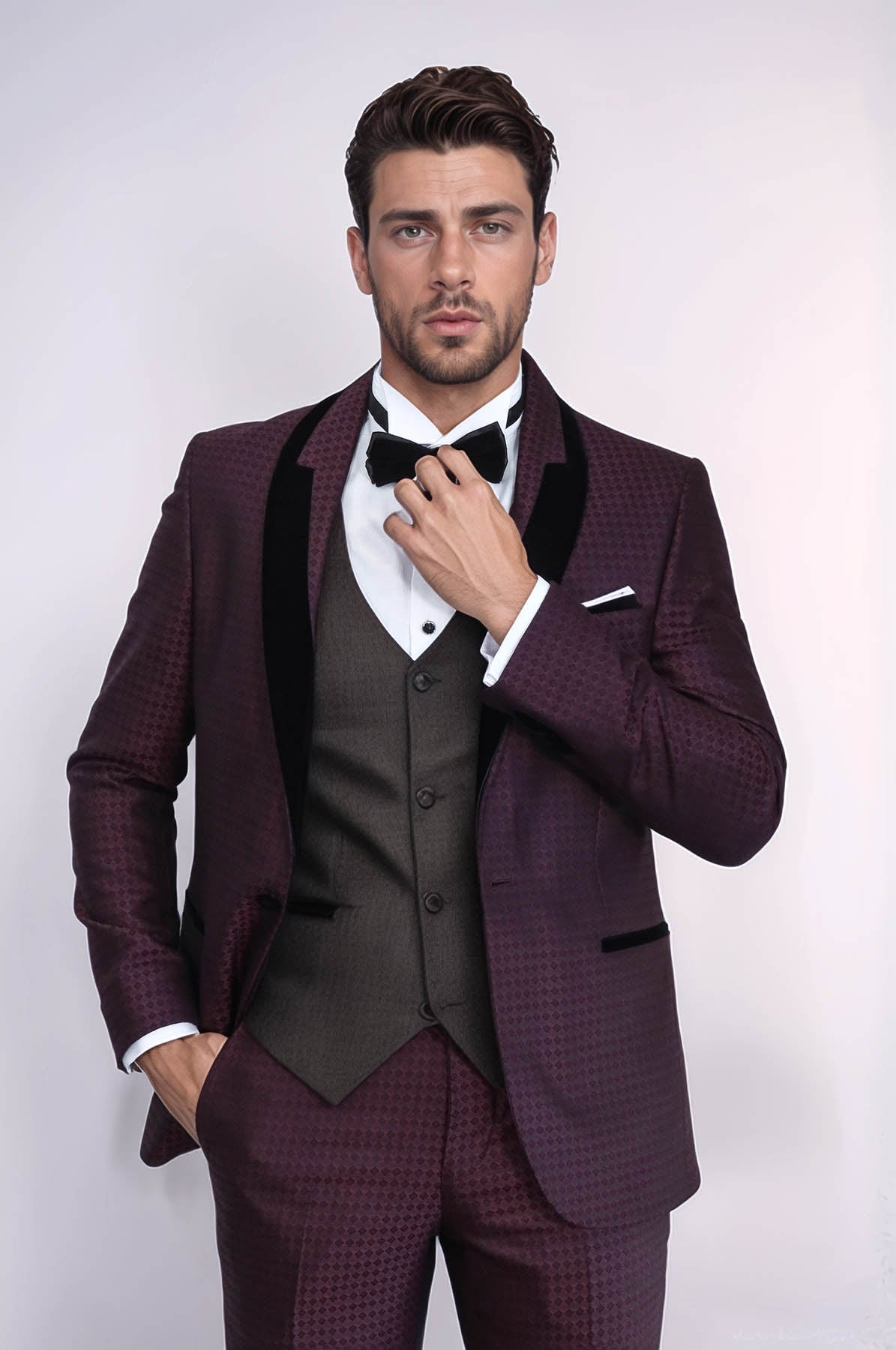 Patterned Burgundy Velvet Lapel Groom Suit - Wessi