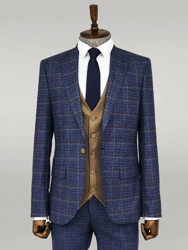 KOALA SYDNEY Slim Fit Checked Patterned Navy Blue Men Suit -