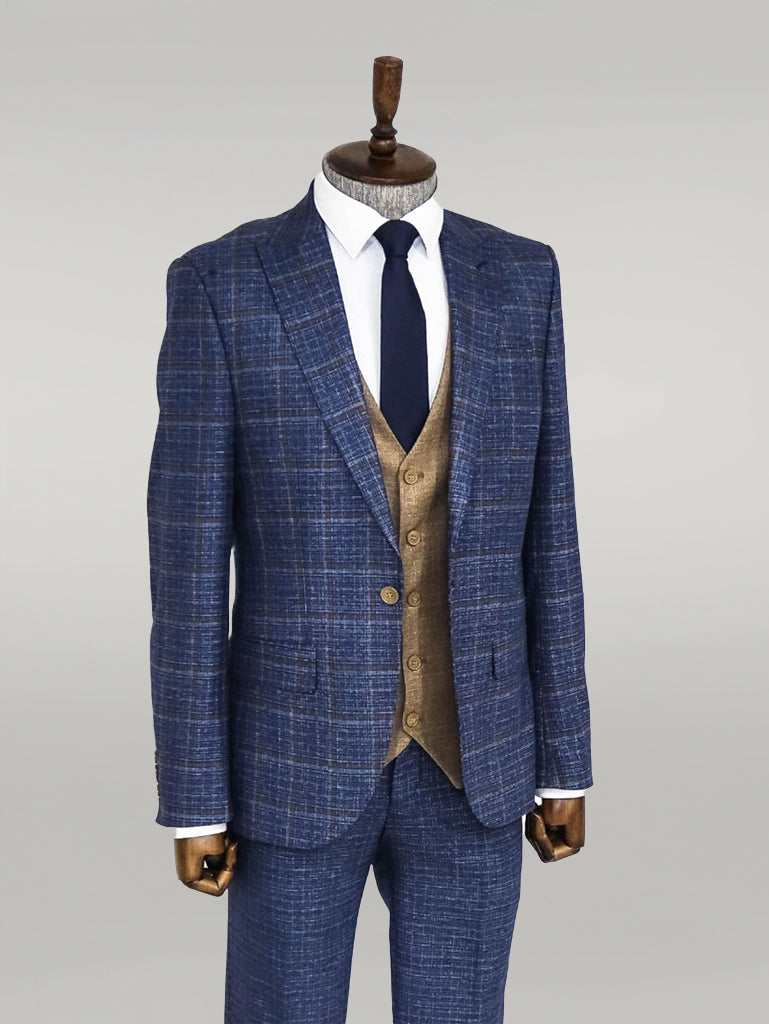 KOALA SYDNEY Slim Fit Checked Patterned Navy Blue Men Suit -