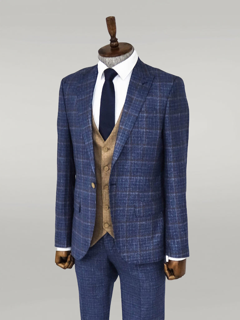 KOALA SYDNEY Slim Fit Checked Patterned Navy Blue Men Suit -