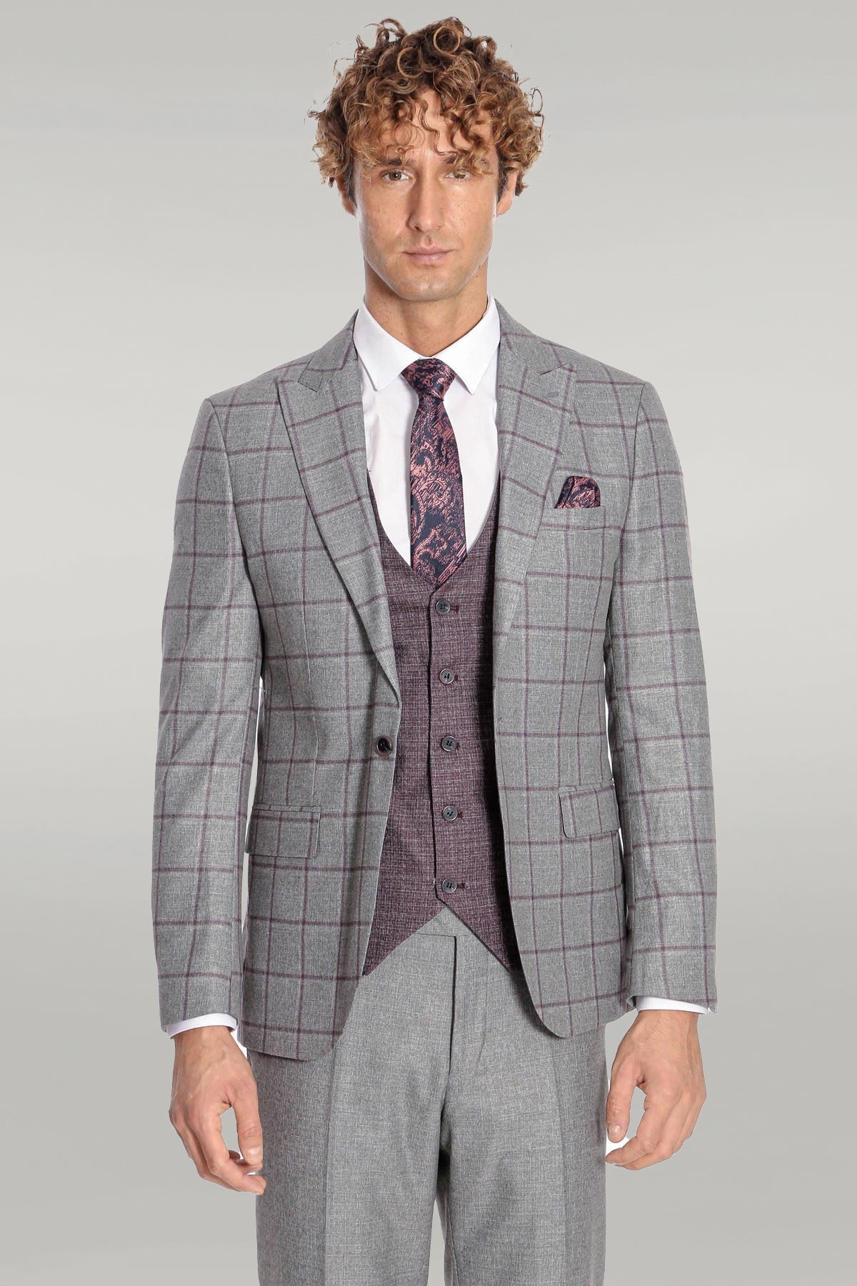 KOALA SYDNEY Slim Fit Checked Patterned Grey Men Suit -