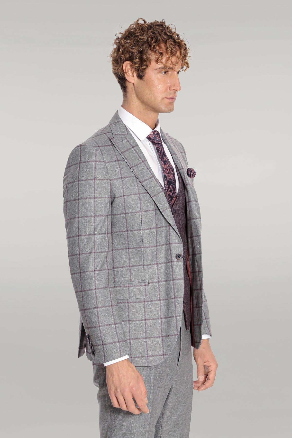 KOALA SYDNEY Slim Fit Checked Patterned Grey Men Suit -