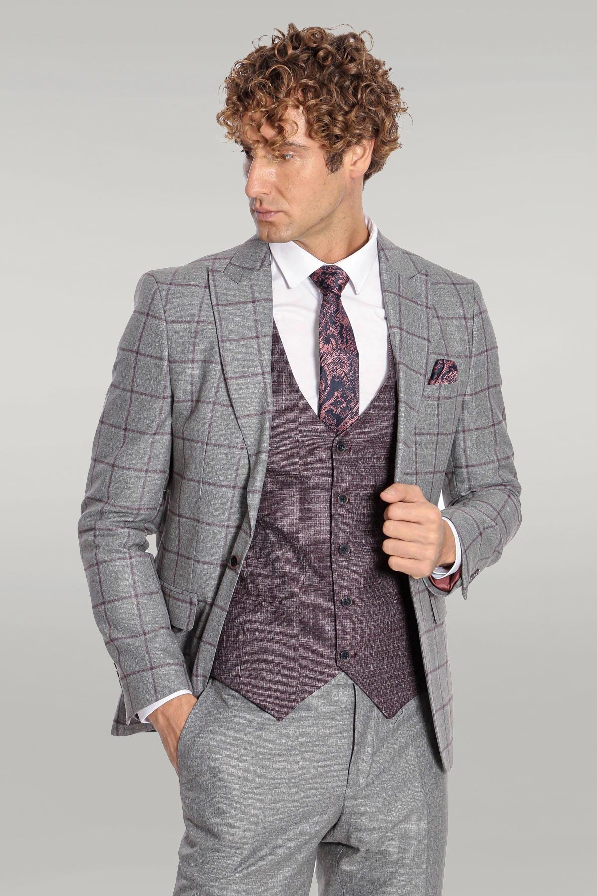 KOALA SYDNEY Slim Fit Checked Patterned Grey Men Suit -