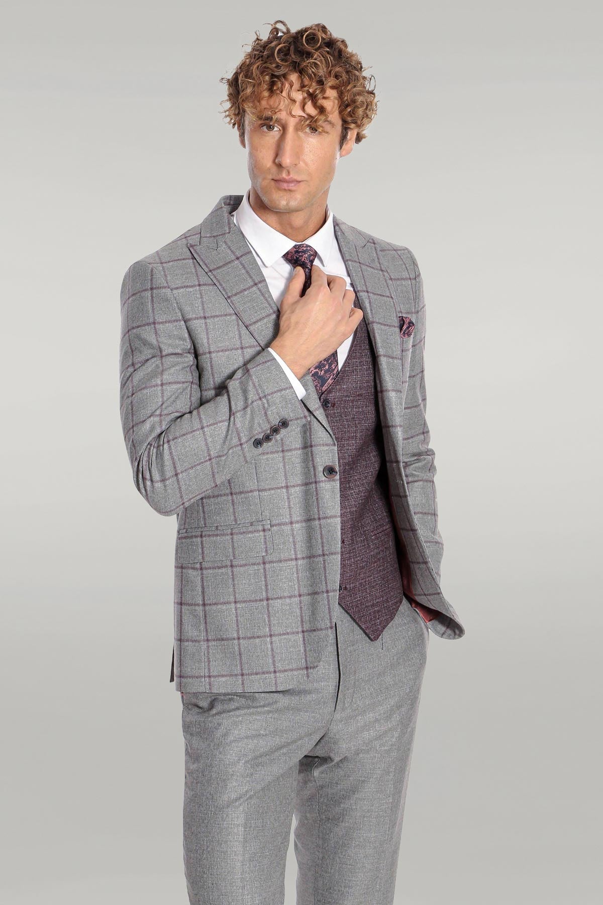 KOALA SYDNEY Slim Fit Checked Patterned Grey Men Suit -