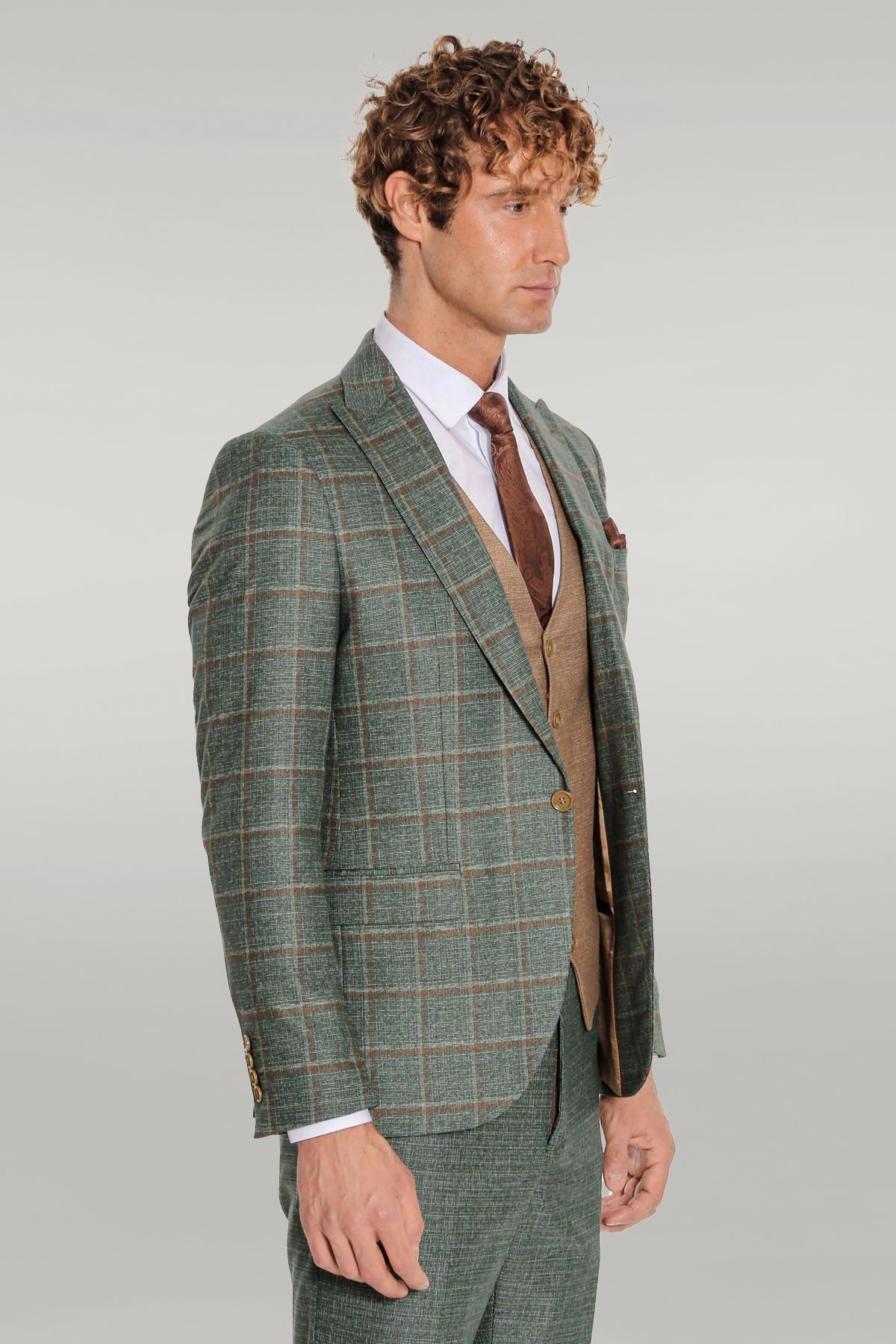 Slim Fit Checked Patterned Green Men Suit