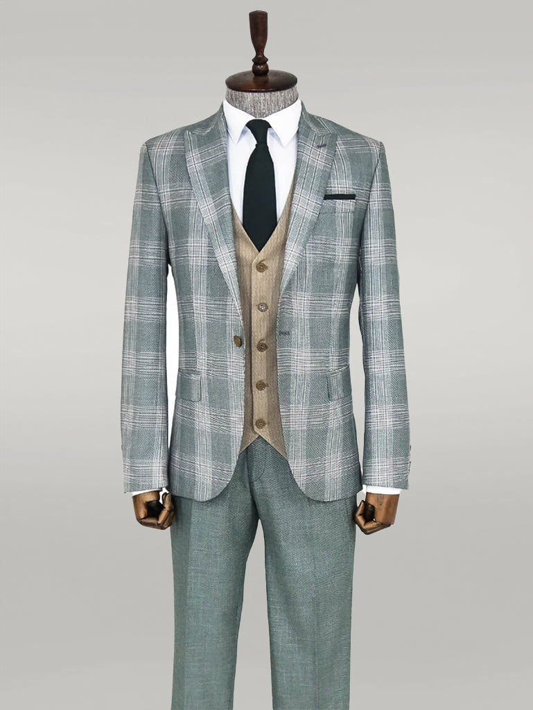 Slim Fit Light Green Vested Suit -
