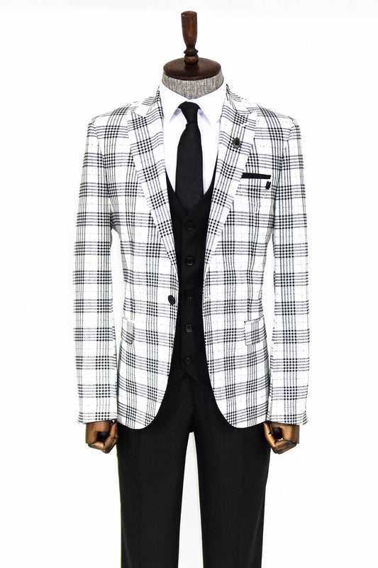 Checked Slim Fit Black-White Men Suit