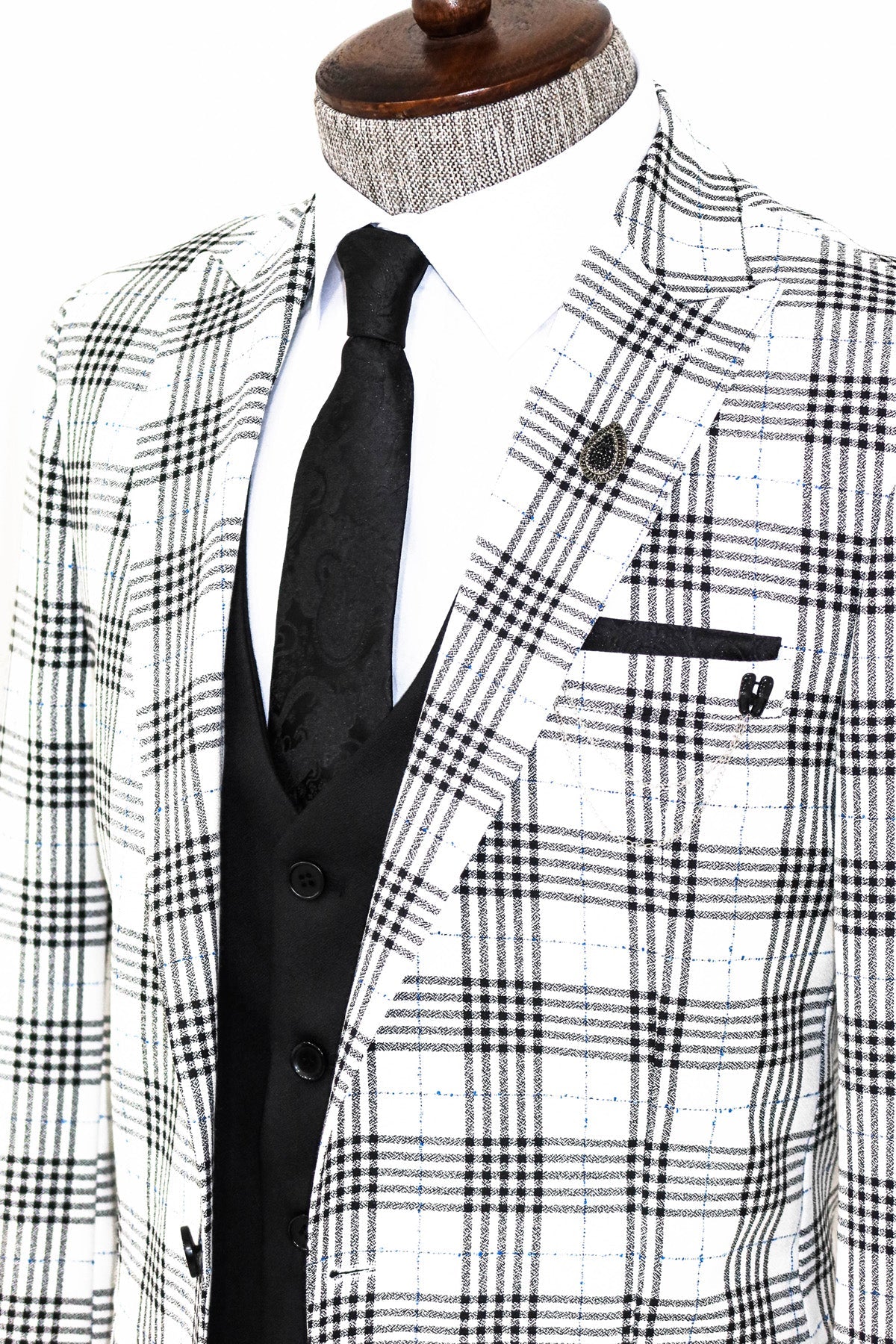 Checked Slim Fit Black-White Men Suit