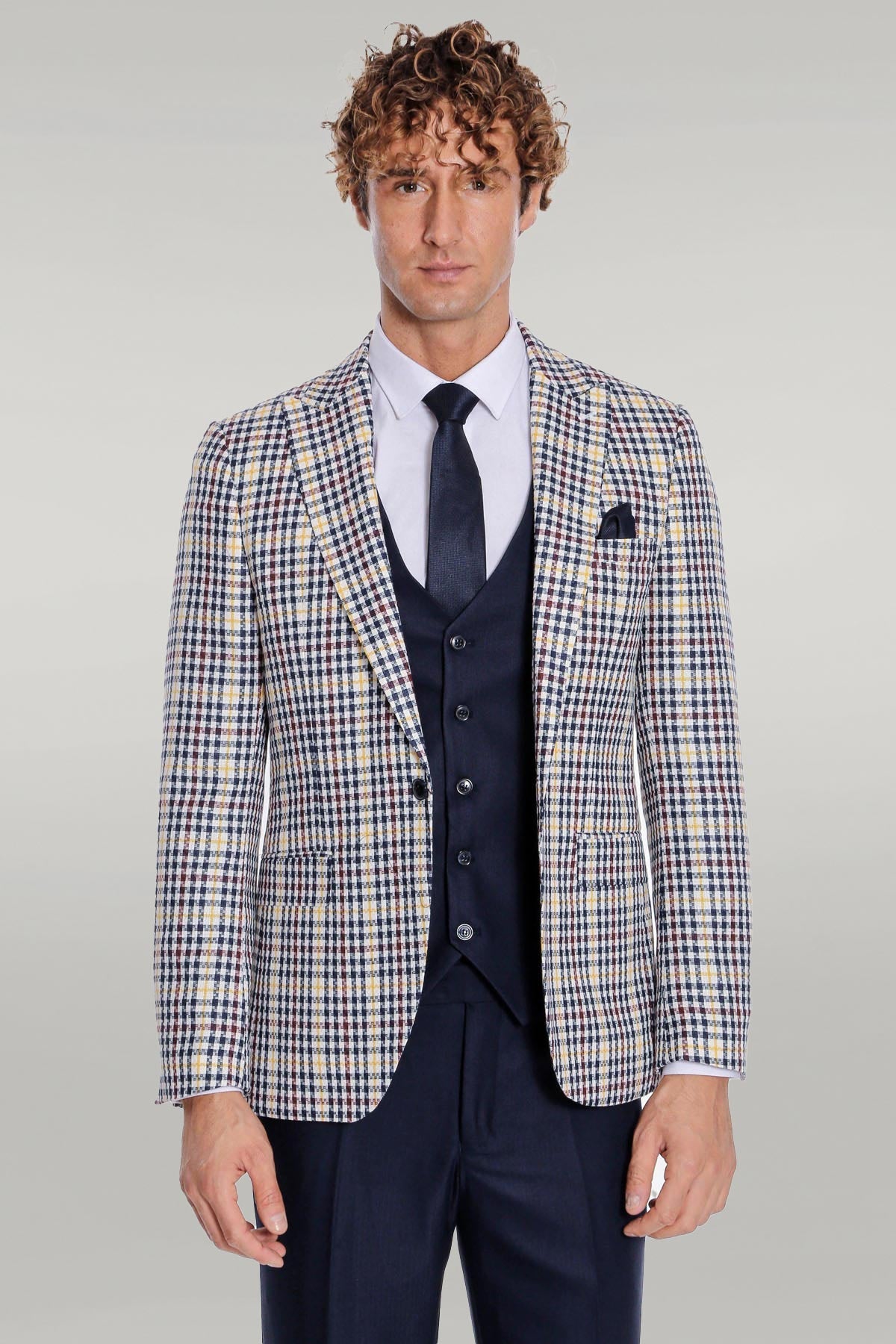 Plaid Navy Blue Men Suit