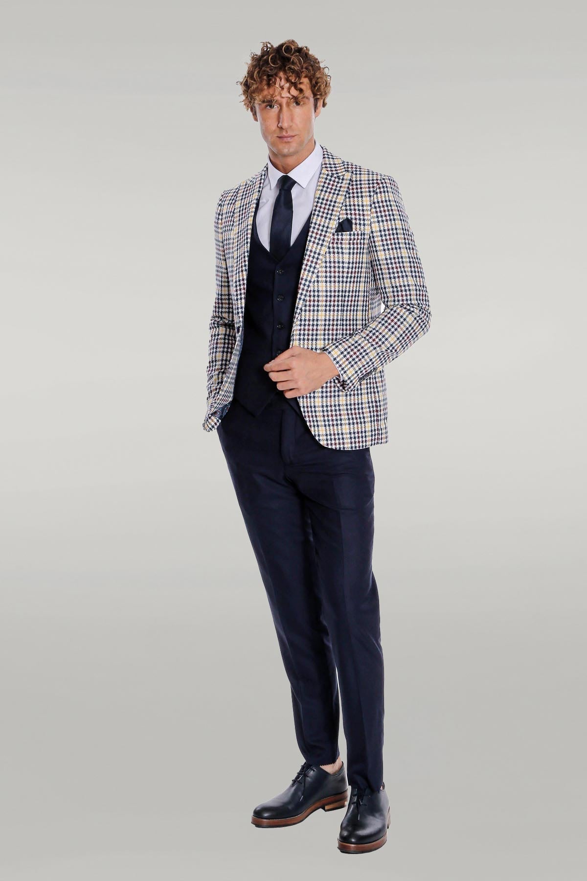Plaid Navy Blue Men Suit