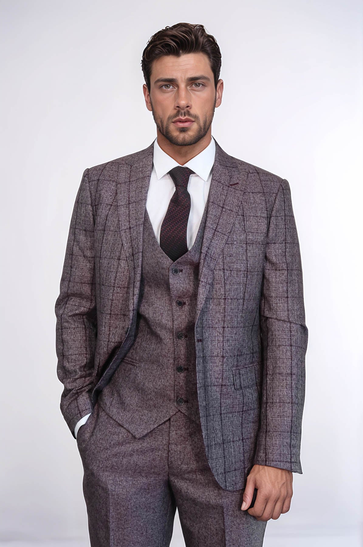Slim Fit Checked Burgundy Men Suit