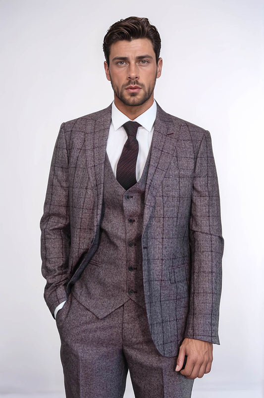 Slim Fit Checked Burgundy Men Suit