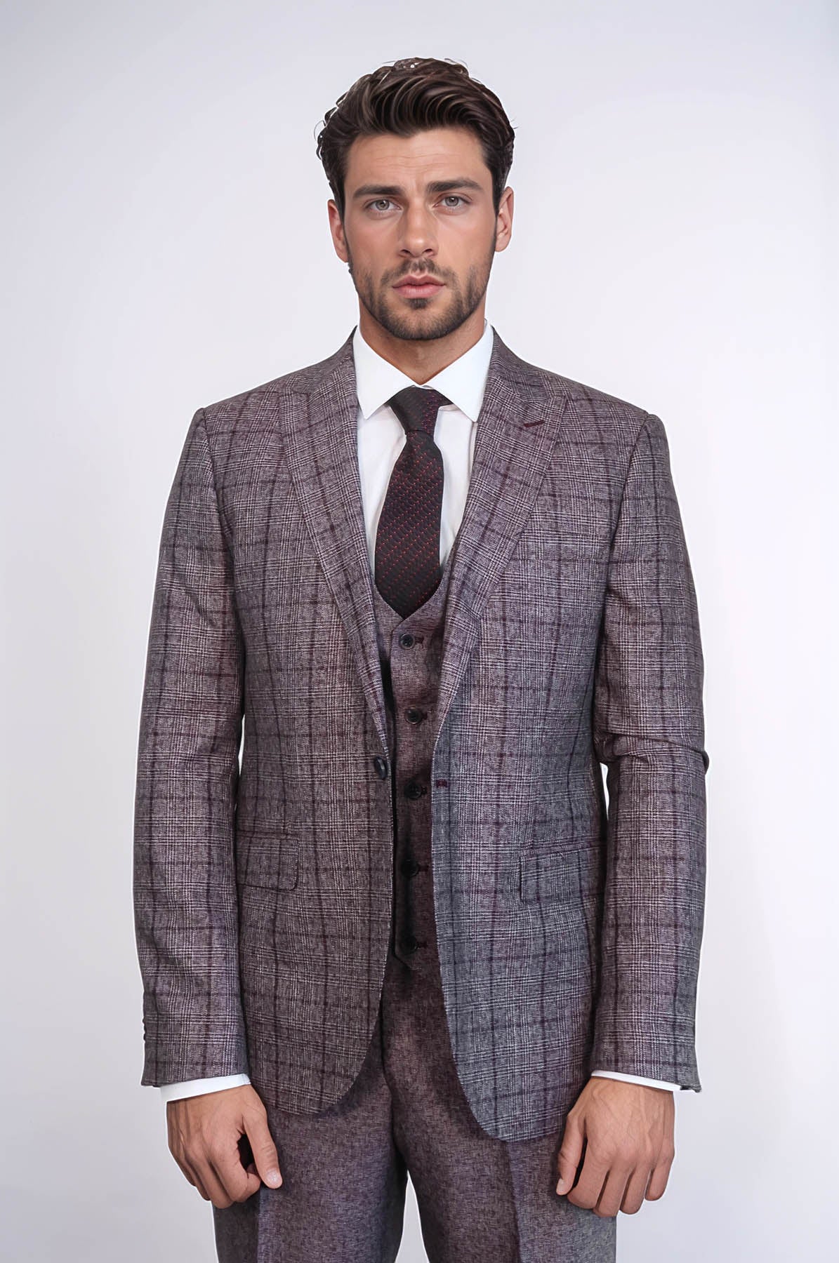Slim Fit Checked Burgundy Men Suit