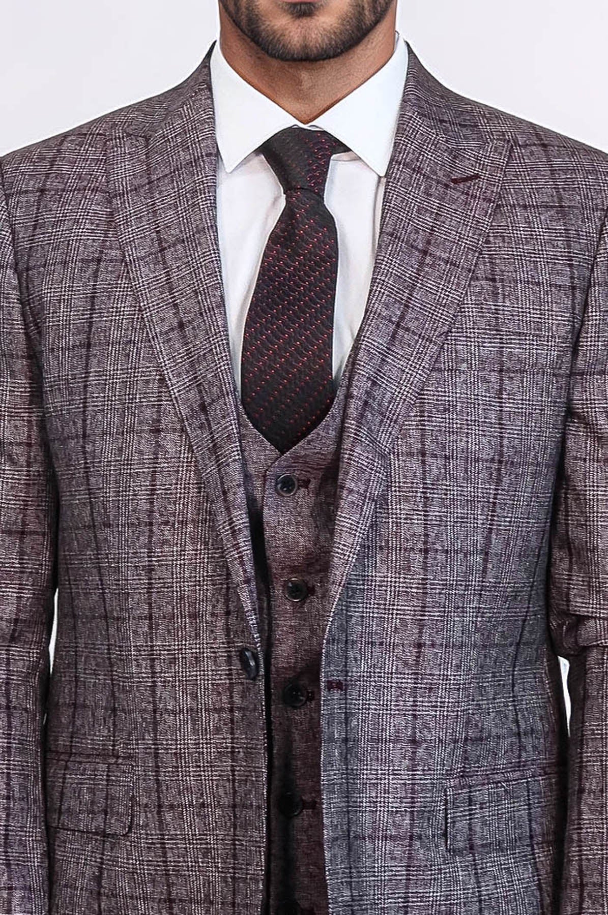 Slim Fit Checked Burgundy Men Suit