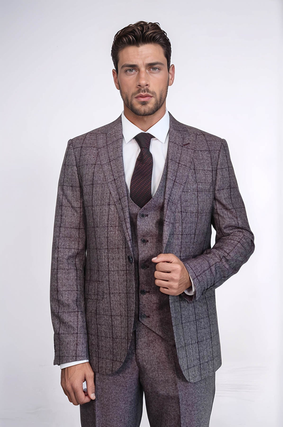 Slim Fit Checked Burgundy Men Suit