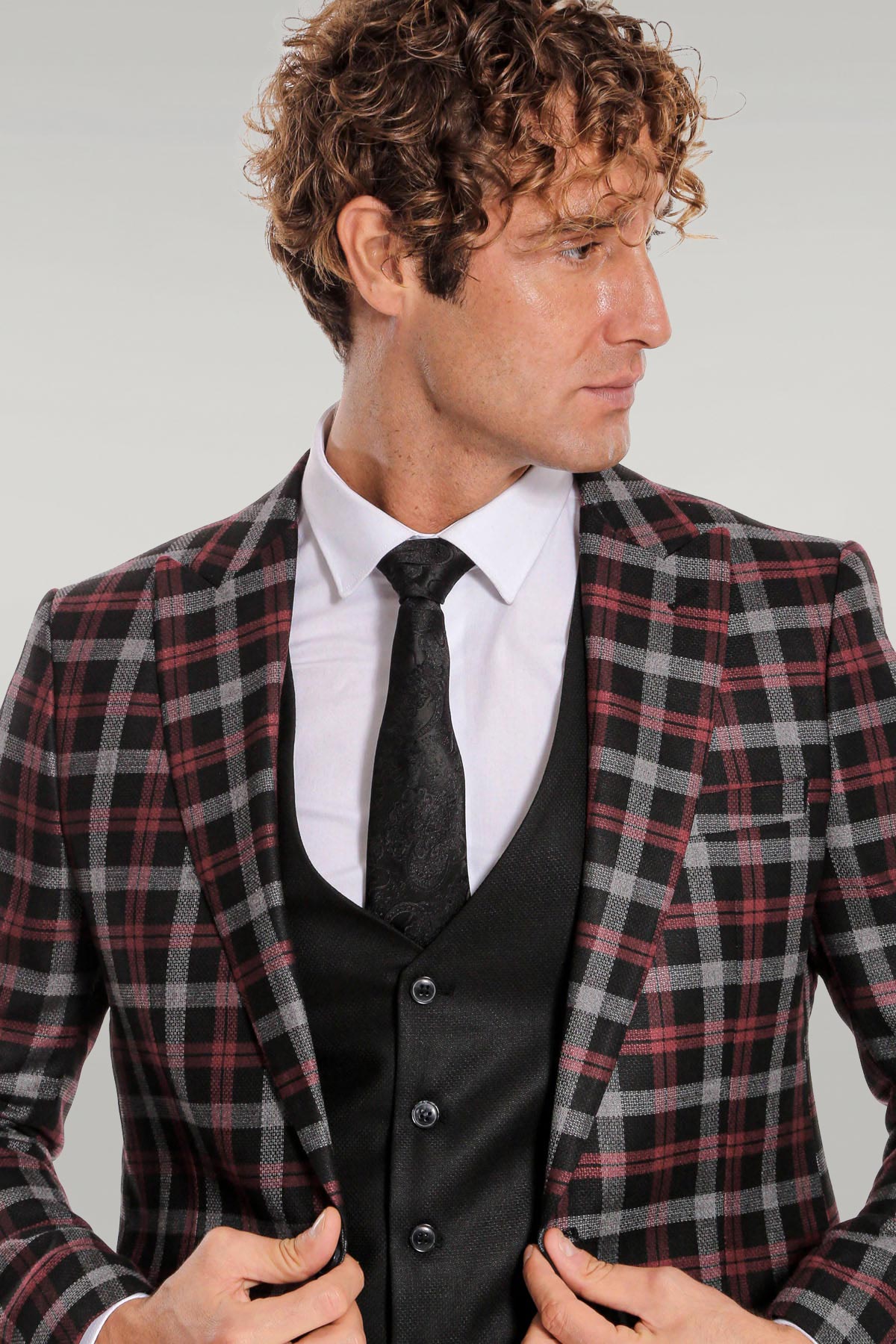 KOALA SYDNEY Burgundy Checked Blazer Slim Fit Black Men Suit -
