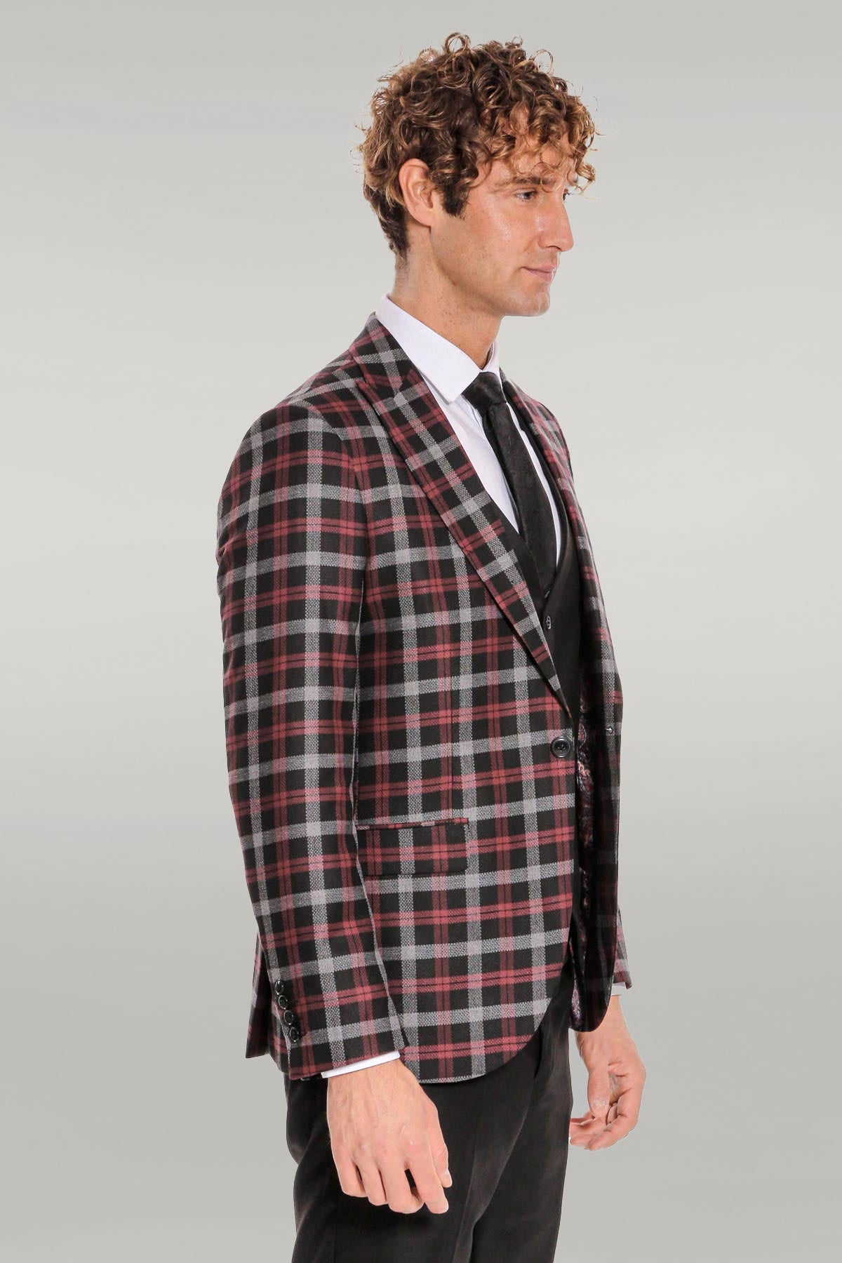 KOALA SYDNEY Burgundy Checked Blazer Slim Fit Black Men Suit -
