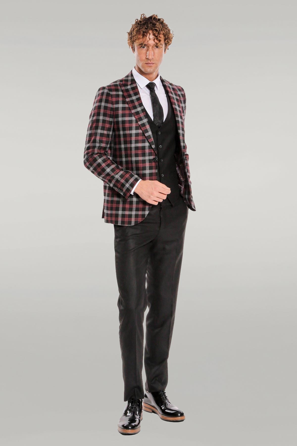 KOALA SYDNEY Burgundy Checked Blazer Slim Fit Black Men Suit -