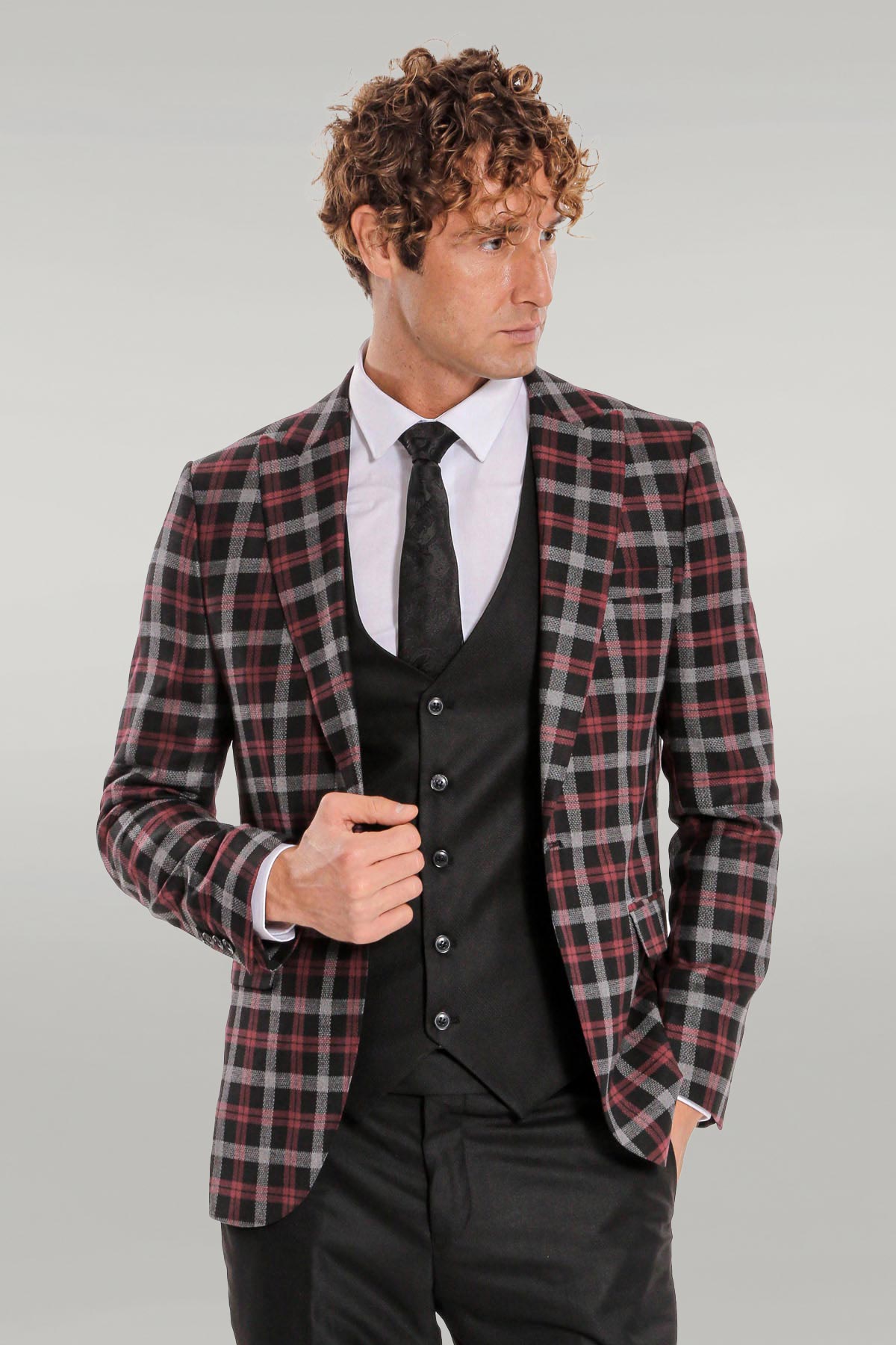 KOALA SYDNEY Burgundy Checked Blazer Slim Fit Black Men Suit -