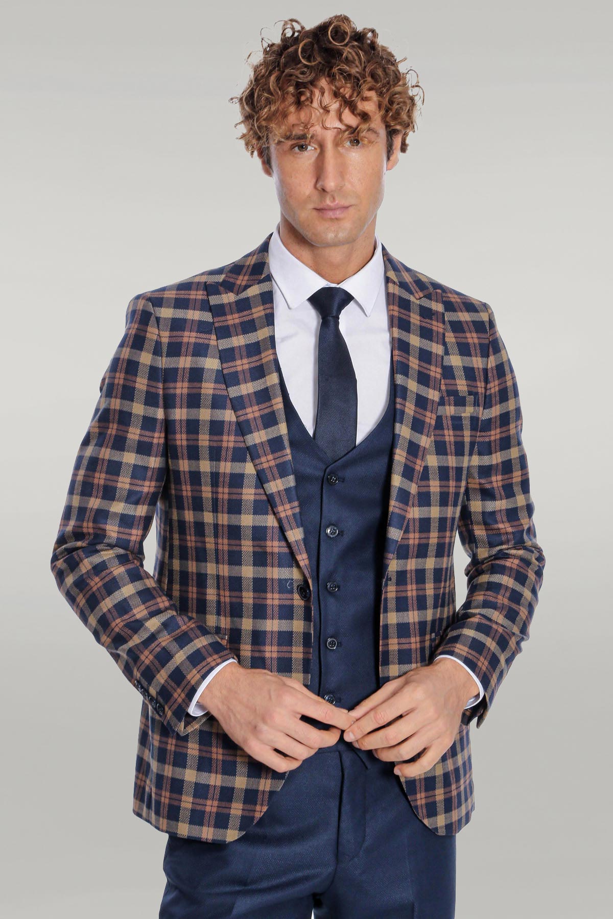 KOALA SYDNEY Checked Blazer Slim Fit Navy Blue Men Suit -