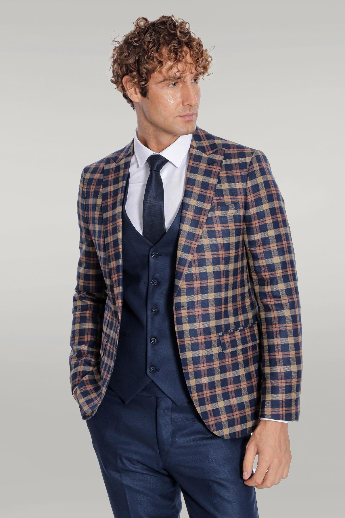 KOALA SYDNEY Checked Blazer Slim Fit Navy Blue Men Suit -