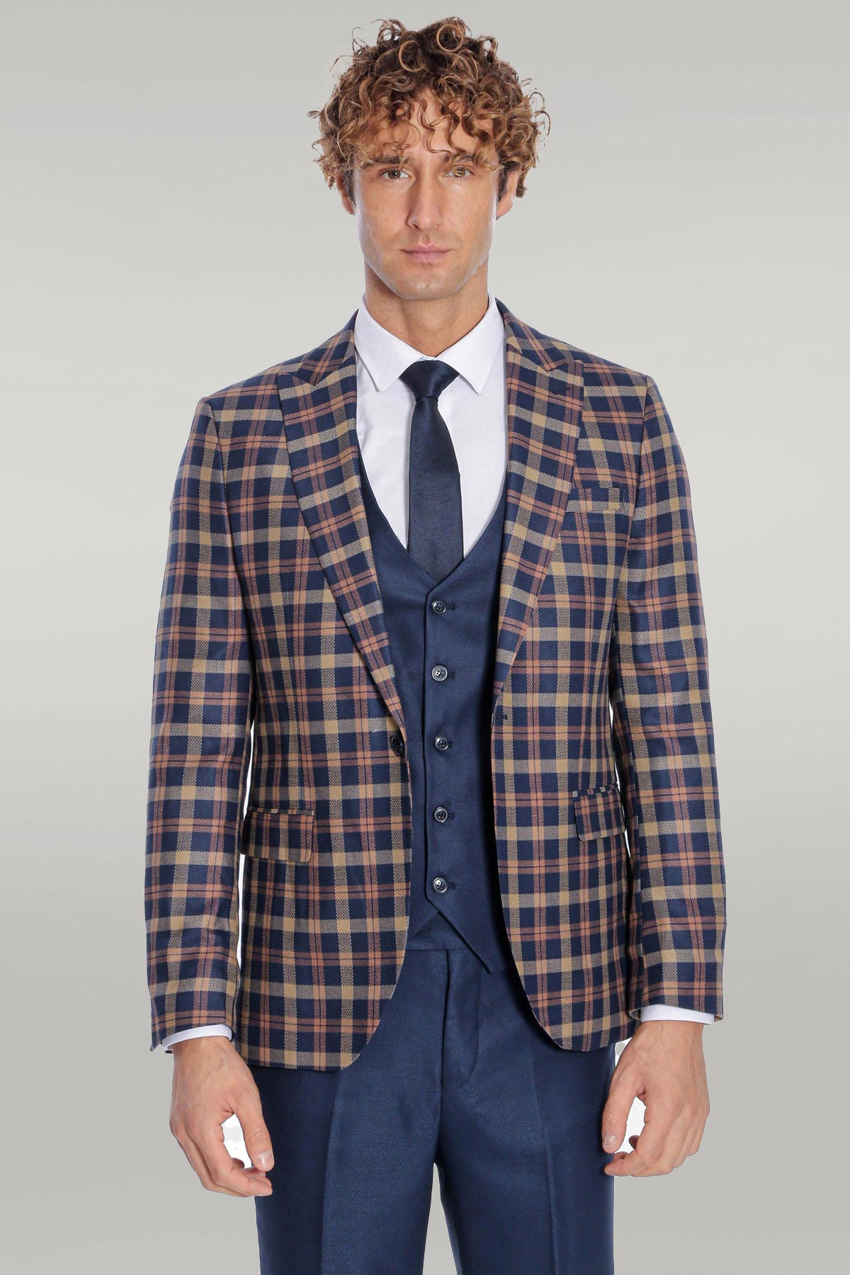 KOALA SYDNEY Checked Blazer Slim Fit Navy Blue Men Suit -