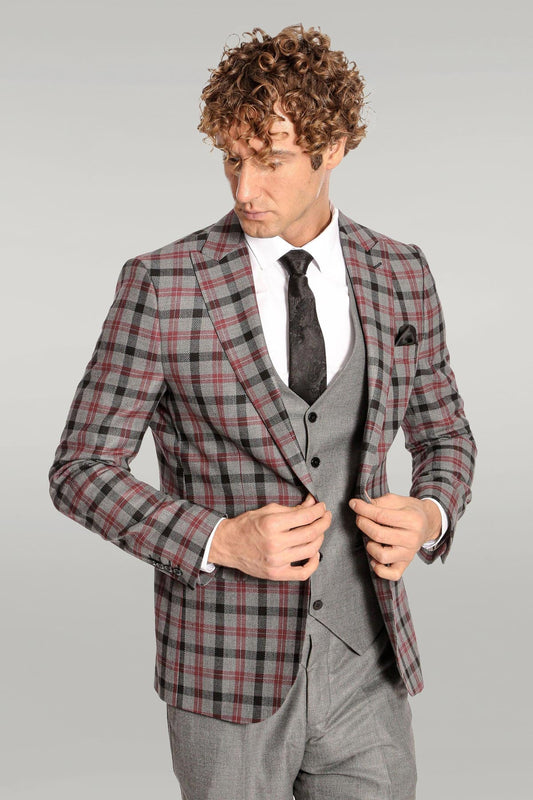 Checked Slim Fit Grey Men Suit