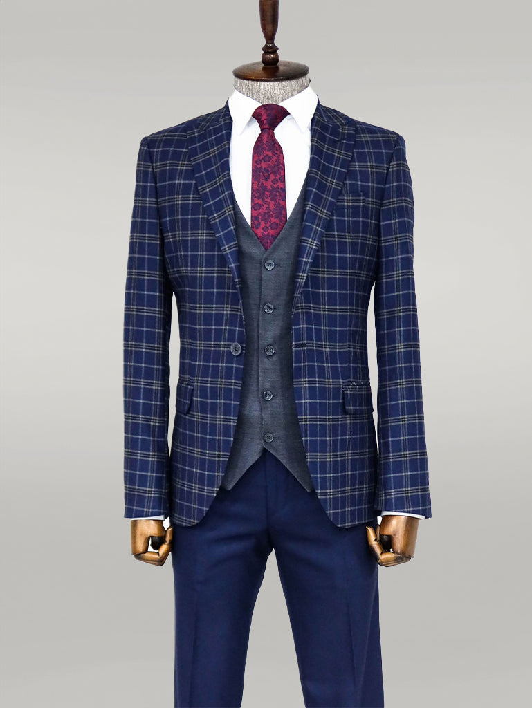 KOALA SYDNEY Blue Vested Slim Fit Checked Navy Blue Men Suit and Shirt Combination-