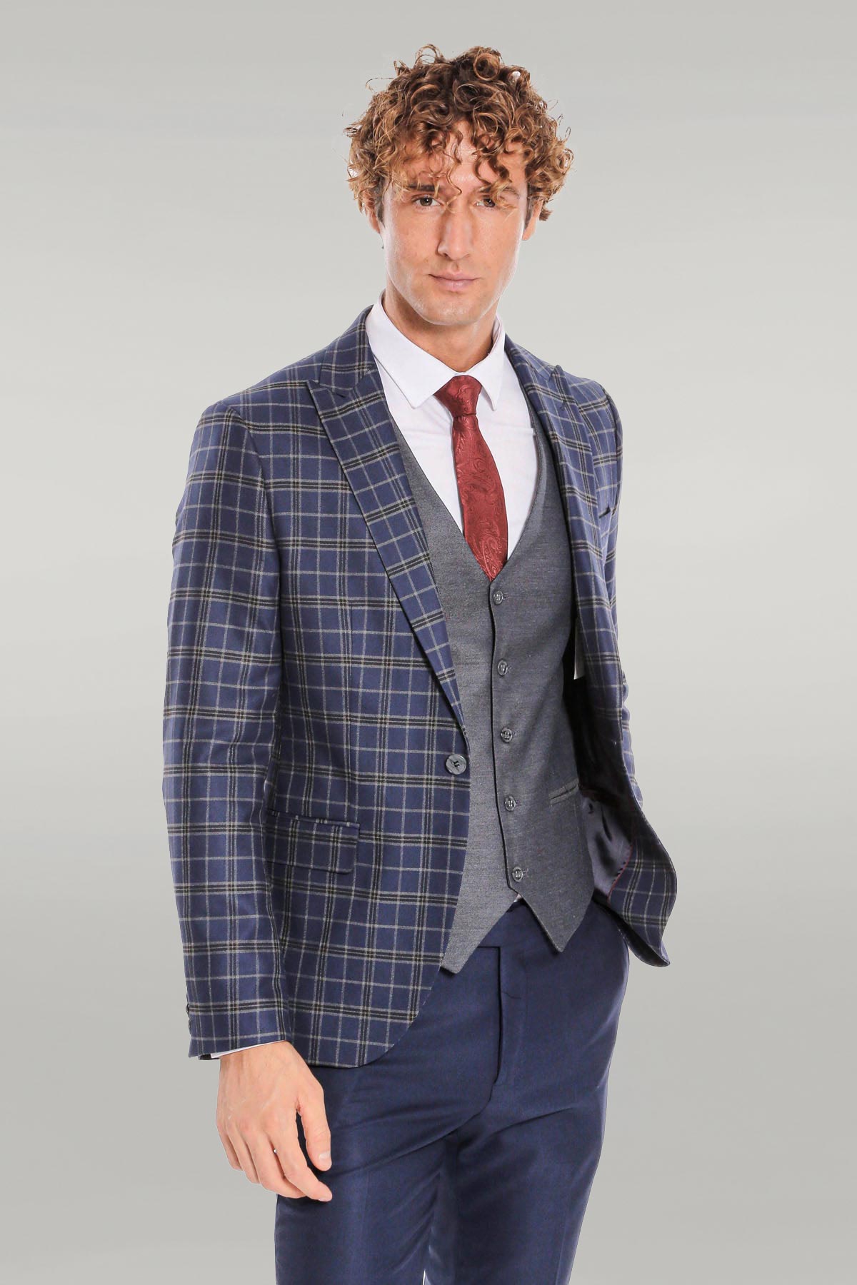 Blue Vested Slim Fit Checked Navy Blue Men Suit