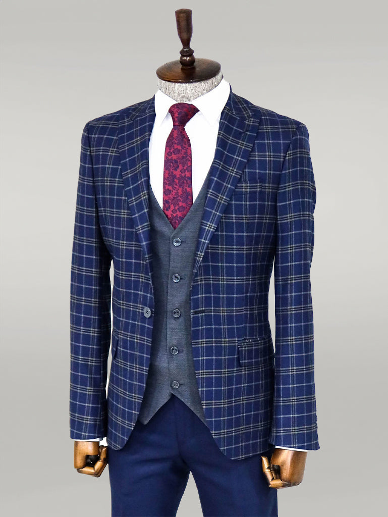 KOALA SYDNEY Blue Vested Slim Fit Checked Navy Blue Men Suit and Shirt Combination-