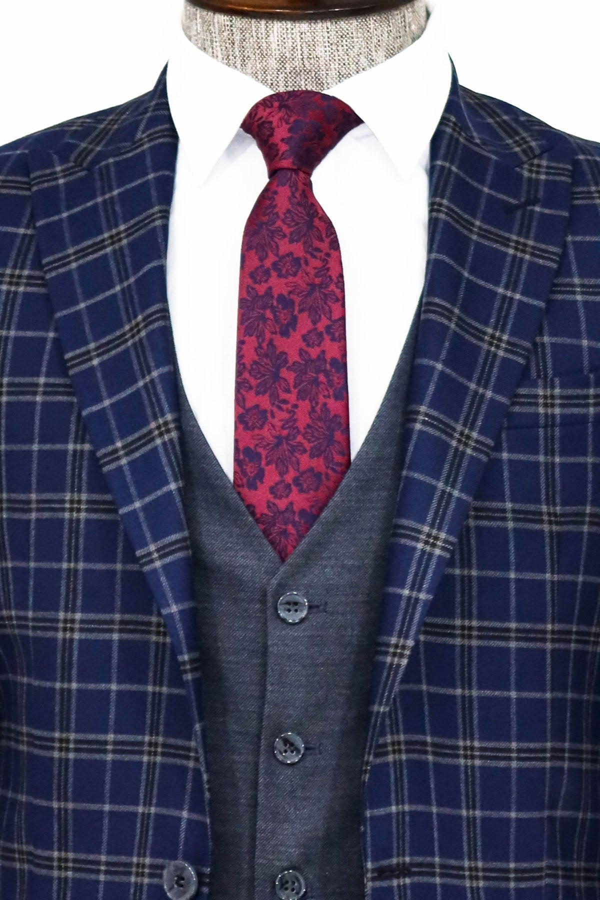 KOALA SYDNEY Blue Vested Slim Fit Checked Navy Blue Men Suit and Shirt Combination-